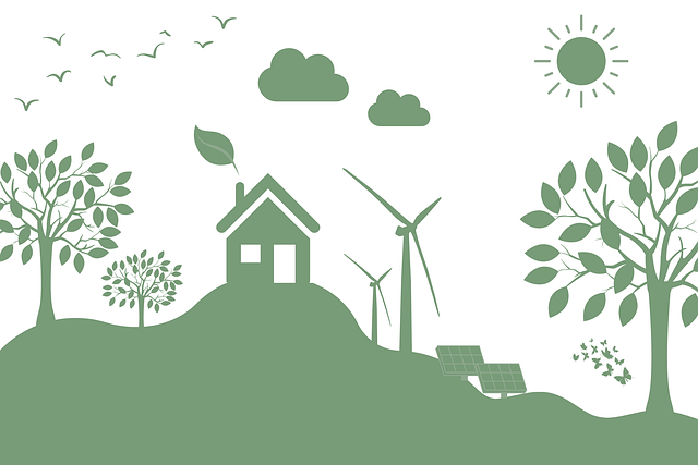 Illustration transition énergétique : habitat, éoliennes, panneaux solaires